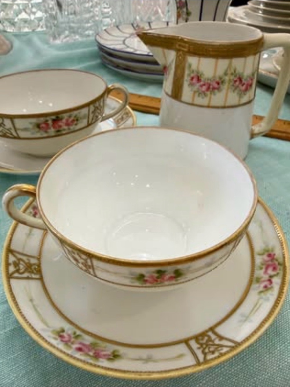 Set of 2 Antique Hand Painted Nippon Tea Cups & Saucers + Creamer